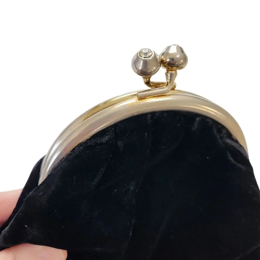 Vintage Black Velvet Fold Over Clutch Evening Bag Rhinestone Clip Frame Retro